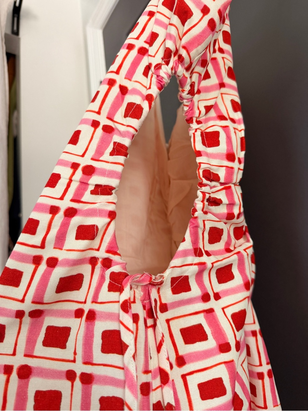 Zara Red and Pink Square Print Spaghetti Strap Dress - Picture 3 of 5